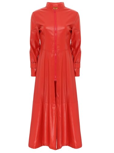 Freebily Damen Ledermantel Lang PU Leder Jacke Trenchcoat Stehkragen Mit Reißverschluss Leder Kleid Maxi Matrix Kostüm Rot 5XL von Freebily