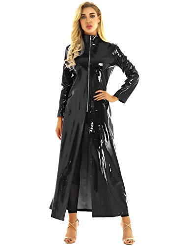 Freebily Damen Ledermantel Lang PU Leder Jacke Trenchcoat Stehkragen Mit Reißverschluss Leder Kleid Maxi Matrix Kostüm Schwarz 5XL von Freebily