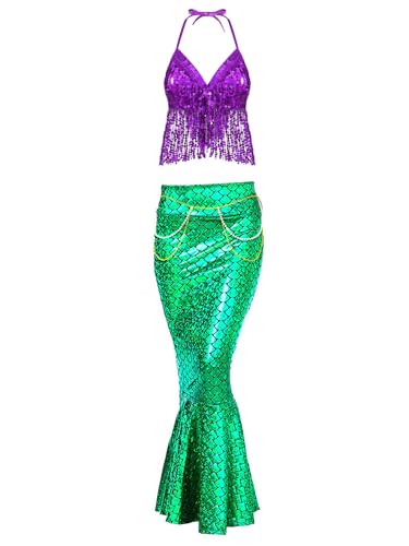 Freebily Damen Meerjungfrau Kostüm Glitzer Pailletten Bra Bustier Und Fischschwanz Rock Lang Karneval Halloweenkostüme Mermaid Cosplay Set Lila&Grün S von Freebily