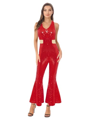 Freebily Damen Neckholder Pailletten Overall mit Schlag Glitzer Disco Kostüm 60er 70er Jahre Retro Party Halloween Fasching Kostüm Rot S Freebily Damen Neckholder Pailletten Overall mit Schlag Glitzer Disco Kostüm 60er 70er Jahre Retro Party Halloween Fasching Kostüm Rot S von Freebily