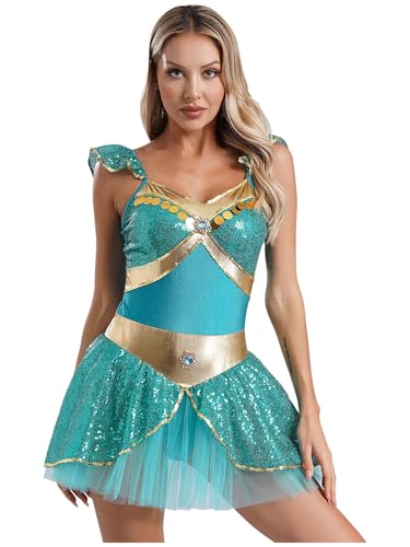 Freebily Damen Orient Arabische Prinzessin Kostüm Kleid Gltzer Tanzkleid Pailletten Tutu Tüllkleid Fasching Halloween Kostüm Party Verkleidung Türkis 3XL von Freebily