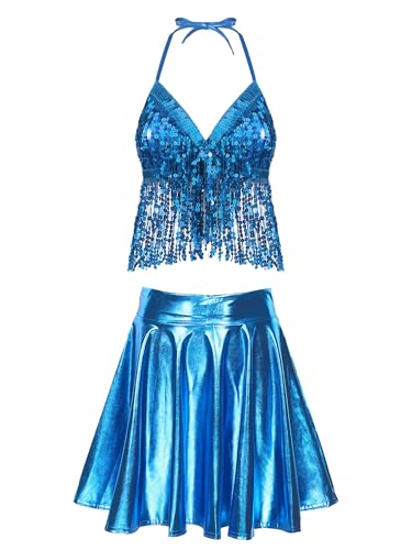 Freebily Damen Rave Outfits Glitzerndes Quasten BH Top Holografisch Metallic Mini Rock Festival Kostüm Party Bikini Set Tanz Clubwear Blau M von Freebily