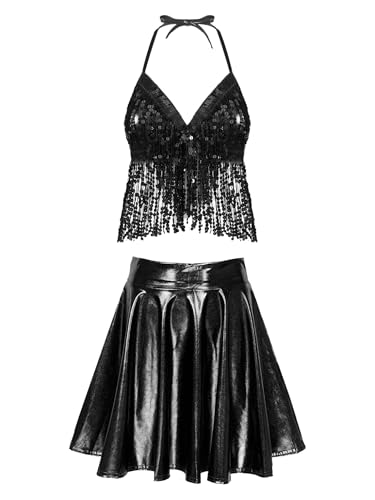 Freebily Damen Rave Outfits Glitzerndes Quasten BH Top Holografisch Metallic Mini Rock Festival Kostüm Party Bikini Set Tanz Clubwear Schwarz L von Freebily