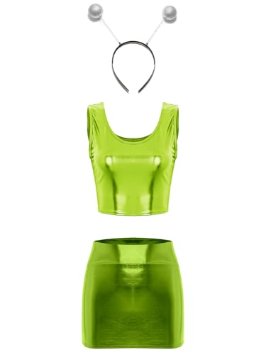 Freebily Damen Space Alien Kostüm Haarreif Glänzende Metallic Top Mini Bodycon Rock Set Karneval Kostüm Rave Mottoparty Outfit Clubwear Neongrün Einheitsgröße von Freebily