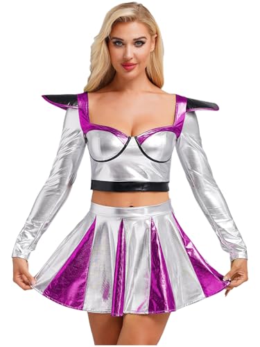 Freebily Damen Space Girl Weltraum Kostüm Glänzende Metallic Top Faltenrock Set Party Karneval Kostüm Cheerleading Outfit Violett XXL von Freebily