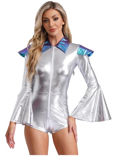 Freebily Damen Space Girl Weltraum Kostüm Holograpfisch Metallic Body Halloween Karneval Kostüm Festival Party Rave Outfit Blau 4XL von Freebily