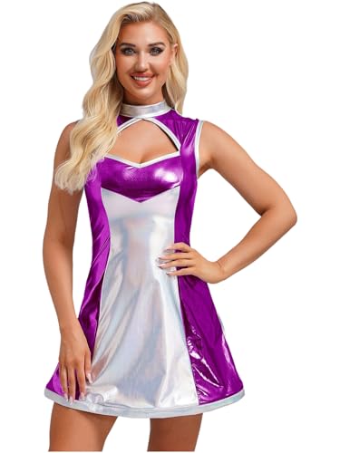 Freebily Damen Space Girl Weltraum Kostüm Kleid Glänzend Metallic Mini Kleid Holographic Fasching Karneval Kostüm Mottoparty Nachtclub Outfit Violett XXL von Freebily