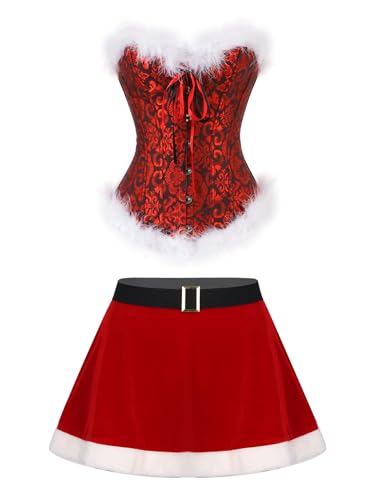 Freebily Damen Weihnachten Kostüm Korsett Top Vollbrust Und Minirock Skaterrock Set Miss Santa Claus Outfit Weihnachtsparty Kleidung Schwarz&Rot-Korsett XL von Freebily