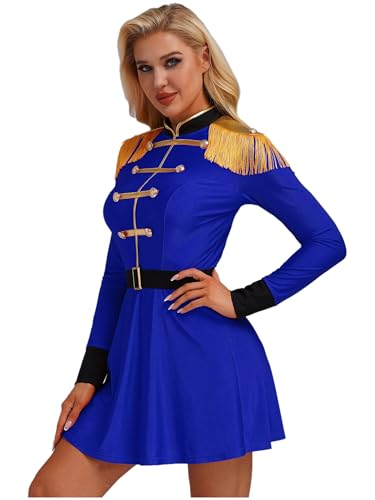 Freebily Damen Zirkus Kostüm Dompteur Zirkusdirektor Kostüm Kleid Langarm MIt Gürtel Halloween Fasching Kostüm Party Outftt Blau 4XL von Freebily