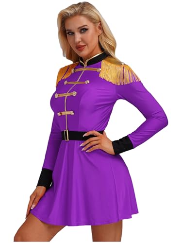 Freebily Damen Zirkus Kostüm Dompteur Zirkusdirektor Kostüm Kleid Langarm MIt Gürtel Halloween Fasching Kostüm Party Outftt Violett 4XL von Freebily