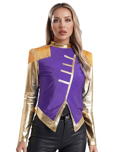 Freebily Damen Zirkus Kostüm Ringmaster Jacke Glitzer Mit Fransen-Schulterklappe Marschkapellen Schlagzeuger Halloween Fasching Kostüm Violett XXL von Freebily