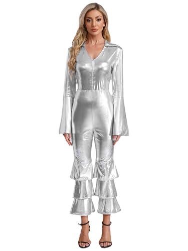 Freebily Damenkostüm Disco 70er Jahre Glitzer Metallic Overall Party Halloween Faschingskostüm Sängerin Popstar Kostüm Silber 3XL von Freebily