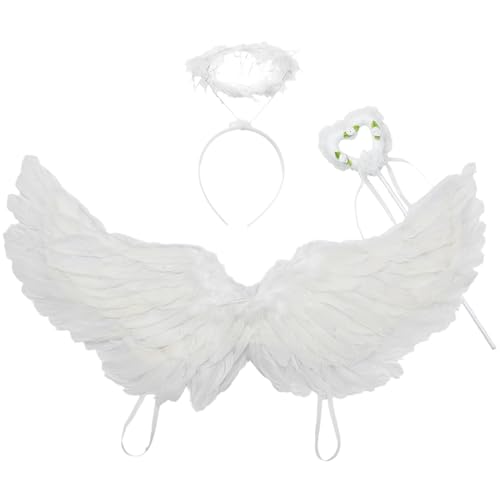 Freebily Engelsflügel mit Heiligenschein Zauberstab Set Weihnachten Engel Cosplay Feen Feder Flügel Fasching Karneval Weiß M One Size von Freebily