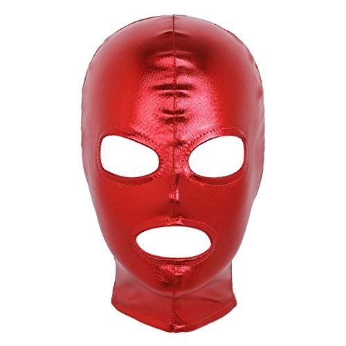 Freebily Glänzend Latex Kopfmaske 3 Loch Fetisch Maske mit offenem Mund und Augen Sexspielzeug Rollenspiel Kostüm für Herren Damen Rot One Size von Freebily