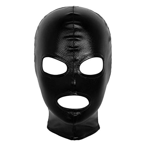 Freebily Glänzend Latex Kopfmaske 3 Loch Fetisch Maske mit offenem Mund und Augen Sexspielzeug Rollenspiel Kostüm für Herren Damen Schwarz One Size von Freebily