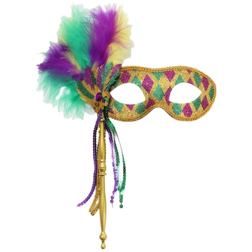 Freebily Glänzend Venezianische Maske mit Feder Maskerade Masken mit Stab Vintage Cocktail Augenmaske Karneval Maskerade Party Typ G One Size von Freebily