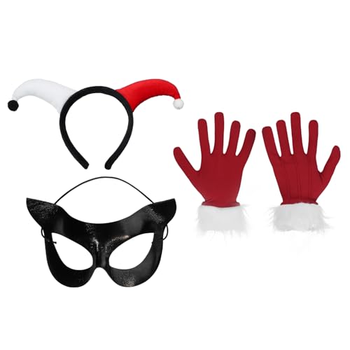 Freebily Halloween Clown Kostüm Zubehör Set Joker Clown Kopfbedeckung Rote Weiße Handschuhe Maske Mardi Gras Masquerade Kostüm Zubehör Typ B One Size von Freebily