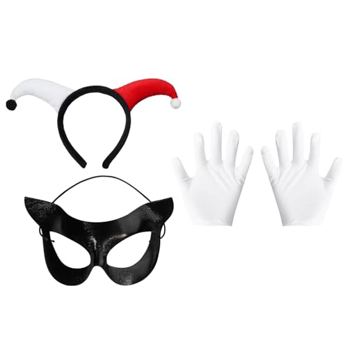 Freebily Halloween Clown Kostüm Zubehör Set Joker Clown Kopfbedeckung Rote Weiße Handschuhe Maske Mardi Gras Masquerade Kostüm Zubehör Typ D One Size von Freebily