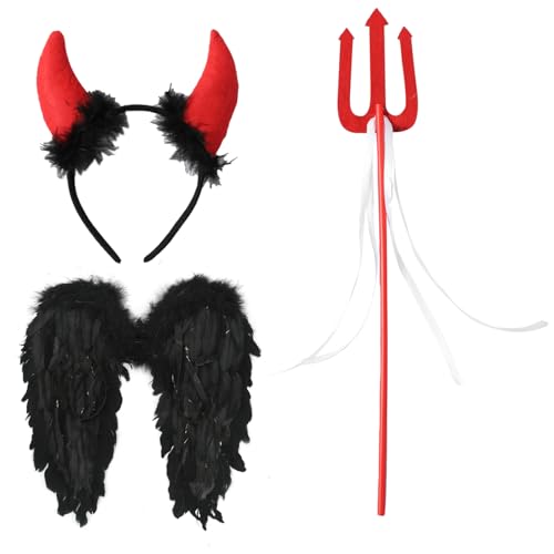 Freebily Halloween Engelsflügel mit Heiligenschein Zauberstab Set Weihnachten Feder Flügel Engel Kostüm für Fasching Karneval Cosplay Rot One Size von Freebily