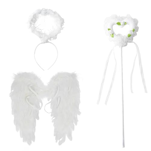 Freebily Halloween Engelsflügel mit Heiligenschein Zauberstab Set Weihnachten Feder Flügel Engel Kostüm für Fasching Karneval Cosplay Weiß A One Size von Freebily