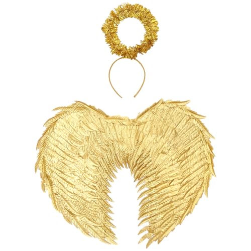 Freebily Halloween Glänzend Engelsflügel mit Heiligenschein Weihnachten Glitter Flügel Engel Kostüm für Fasching Karneval Cosplay Gold One Size von Freebily