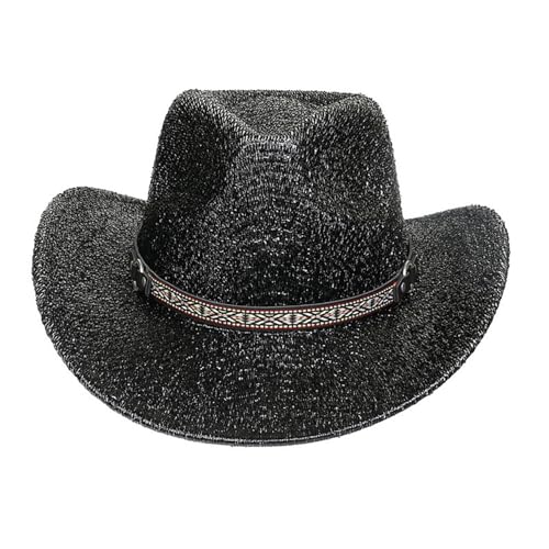 Freebily Halloween Glitzernde Western Cowboyhut Glitzer Breite Krempe Westernhut Jazz Hut Disco-Hut Kopfbedeckung für Karneval Fasching Performance Schwarz A One Size von Freebily