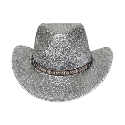 Freebily Halloween Glitzernde Western Cowboyhut Glitzer Breite Krempe Westernhut Jazz Hut Disco-Hut Kopfbedeckung für Karneval Fasching Performance Silber A One Size von Freebily