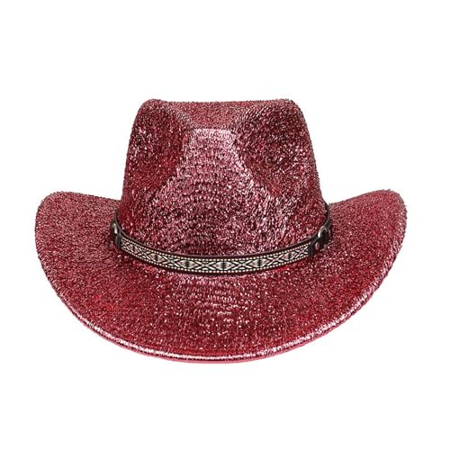 Freebily Halloween Glitzernde Western Cowboyhut Glitzer Breite Krempe Westernhut Jazz Hut Disco-Hut Kopfbedeckung für Karneval Fasching Performance Wassermelonenrot A One Size von Freebily