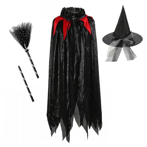 Freebily Halloween Hexen Kostüm Zubehör Zauberer Umhang Cape Zauberhut mit Fliegender Zauberbesen Set Kinder Cosplay Hexe Karneval Fasching Schwarz One Size von Freebily