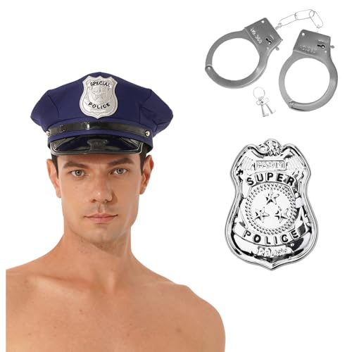 Freebily Halloween Polizei Cosplay Polizeimütze Handschellen Abzeichen Polizei Hut Karneval Party Mottoparty Polizei Kostüm Zubehör Requisiten Blau Typ A One Size von Freebily