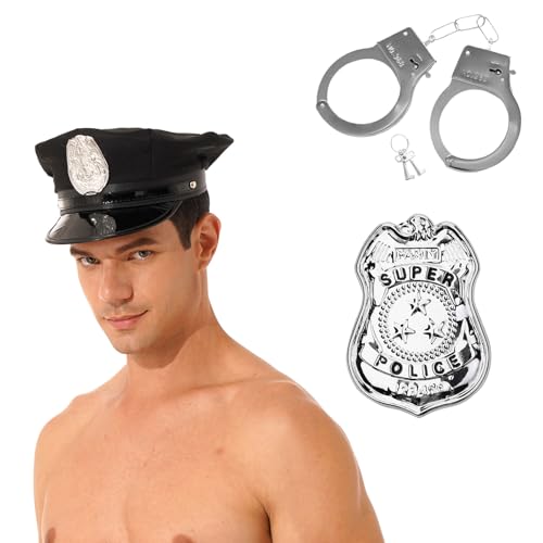 Freebily Halloween Polizei Cosplay Polizeimütze Handschellen Abzeichen Polizei Hut Karneval Party Mottoparty Polizei Kostüm Zubehör Requisiten Schwarz Typ B One Size von Freebily