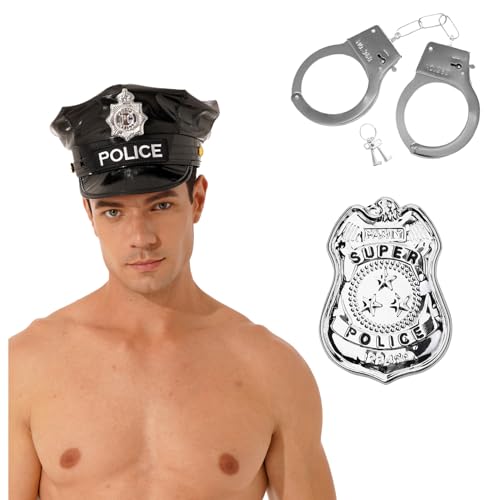 Freebily Halloween Polizei Cosplay Polizeimütze Handschellen Abzeichen Polizei Hut Karneval Party Mottoparty Polizei Kostüm Zubehör Requisiten Schwarz Typ C One Size von Freebily