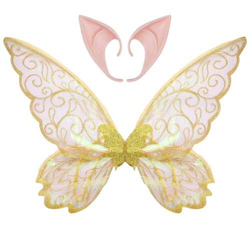 Freebily Halloween Schmetterling Fee Flügel mit Elfen Spitzohren Set Prinzessin Glänzenden Elfenflügel Elfenohren Cosplay Faschinf Kostüm Weihnachten Gelb One Size von Freebily