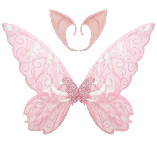 Freebily Halloween Schmetterling Fee Flügel mit Elfen Spitzohren Set Prinzessin Glänzenden Elfenflügel Elfenohren Cosplay Faschinf Kostüm Weihnachten Rosa One Size von Freebily