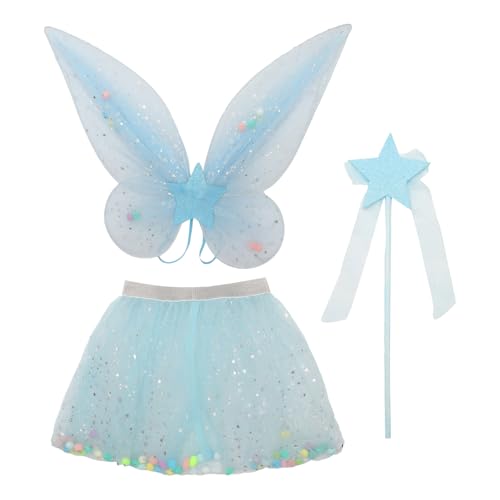 Freebily Halloween Schmetterling Flügel Set Elfenflügel Zauberstab Tüllrock Zauberwelt Engel Flügel Karneval Party Cosplay Kostüm Blau One Size von Freebily