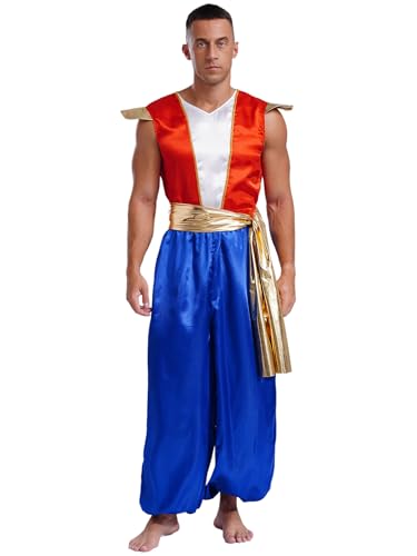 Freebily Herren Arabischer Prinz Kostüm Overall Aladdinhose Männer Fasching Halloween Kostüm Orient Flaschengeist Dschinn Cosplay Mottoparty Outfit Blau 3XL von Freebily