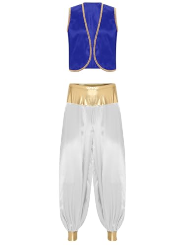 Freebily Herren Arabischer Prinz Kostüm Weste Aladdinhose Männer Fasching Halloween Kostüm Orient Flaschengeist Dschinn Cosplay Mottoparty Outfit Königsblau&Weiß L von Freebily