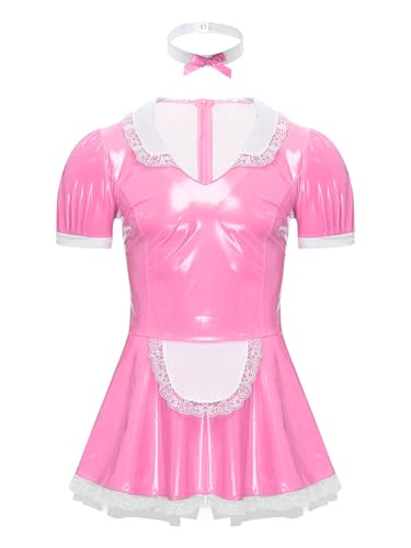 Freebily Herren Dienstmädchen Kostüm Lack Kleid Halsband Set Männer Karneval Halloween Kostüm Putzfrau Cosplay Uniform Rosa_F 4XL von Freebily