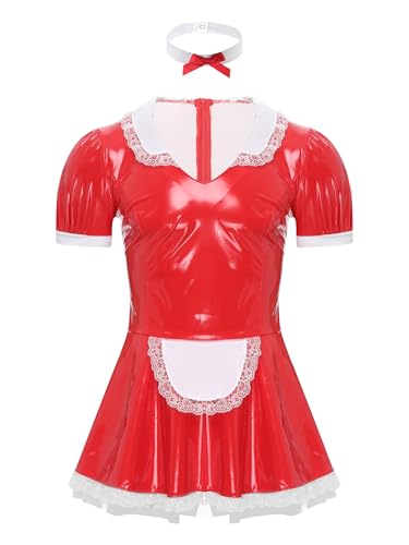 Freebily Herren Dienstmädchen Kostüm Lack Kleid Halsband Set Männer Karneval Halloween Kostüm Putzfrau Cosplay Uniform Rot_F 4XL von Freebily