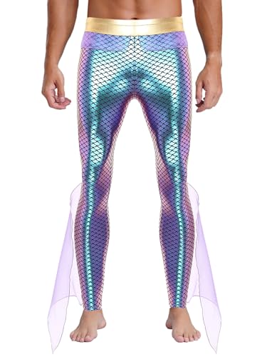 Freebily Herren Meerjungfrau Kostüm Glitzer Fischschuppen Leggings Mit Tüllruschen Fasching Karneval Kostüm Party Metallic Hose Violett L von Freebily