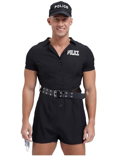 Freebily Herren Polizei Kostüm Polizei Overall Bodysuit Polizisten Mütze Und Gürtel 3Pcs Set Fasching Karnevalskostüm Mottoparty Gruppenkostüm Schwarz L von Freebily