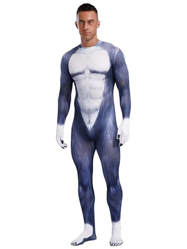 Freebily Herren Tier Kostüm Overall Eng Ganzkörper Body Mit 3D Muskel Tier Muster Und Schwanz Lustige Kostüme Fasching Halloween Bühnenshow Outfit B 3XL von Freebily