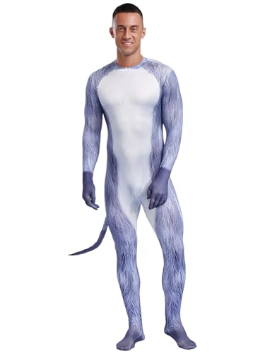 Freebily Herren Tier Kostüm Overall Eng Ganzkörper Body Mit 3D Muskel Tier Muster Und Schwanz Lustige Kostüme Fasching Halloween Bühnenshow Outfit D 3XL von Freebily