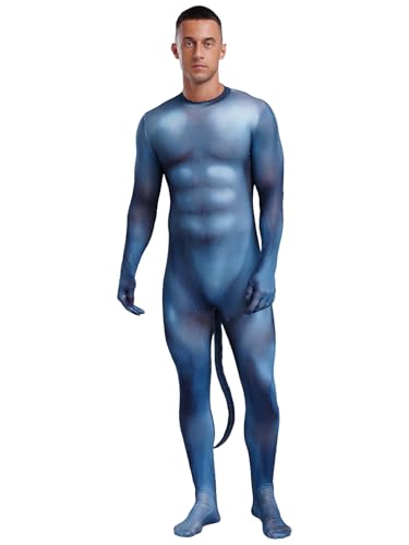 Freebily Herren Tier Kostüm Overall Eng Ganzkörper Body Mit 3D Muskel Tier Muster Und Schwanz Lustige Kostüme Fasching Halloween Bühnenshow Outfit G 3XL von Freebily