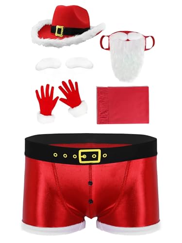 Freebily Herren Weihnachtsmann Kostüm Nikolaus Bart Augenbrauen Hut Und Weihnachts Boxershorts/String Schal Handschuhen 6er Set Boxershorts-Set 3XL von Freebily