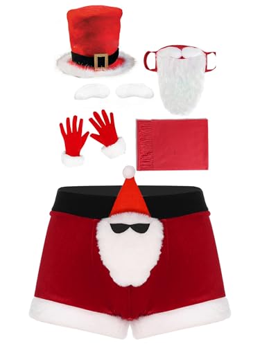 Freebily Herren Weihnachtsmann Kostüm Unterwäsche Weihnachts Boxershorts Nikolaus Hut Bart Schal Und Handschuhen 5er Set Zylinder-Hut-Set 3XL von Freebily