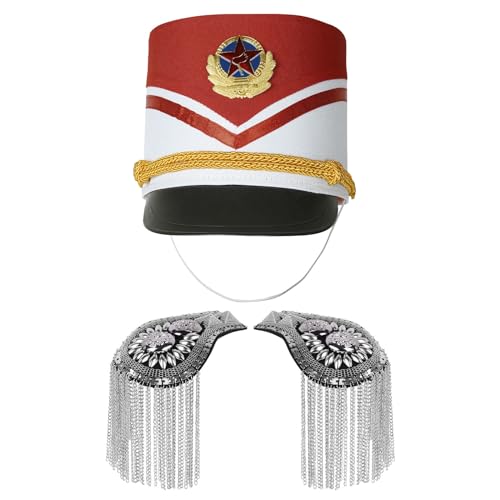 Freebily Junge Mädchen Marching Band Hut mit Epaulett Kapitänsmütze Schulterklappen Fasching Karneval Mottoparty Marine Hut Kopfabdeckung Accessoires Silber & Typ C One Size von Freebily