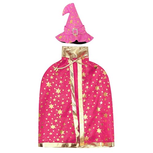 Freebily Kinder Halloween Hexen Kostüm Zauberer Umhang mit Hut Wizard Cape Witch Stern Umhang Zauberhut Karneval Fasching Party Cosplay Hot Pink Einheitsgröße von Freebily