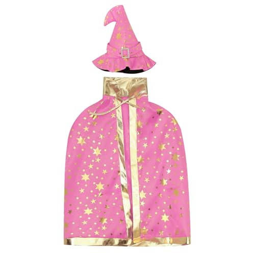 Freebily Kinder Halloween Hexen Kostüm Zauberer Umhang mit Hut Wizard Cape Witch Stern Umhang Zauberhut Karneval Fasching Party Cosplay Rosa Einheitsgröße von Freebily