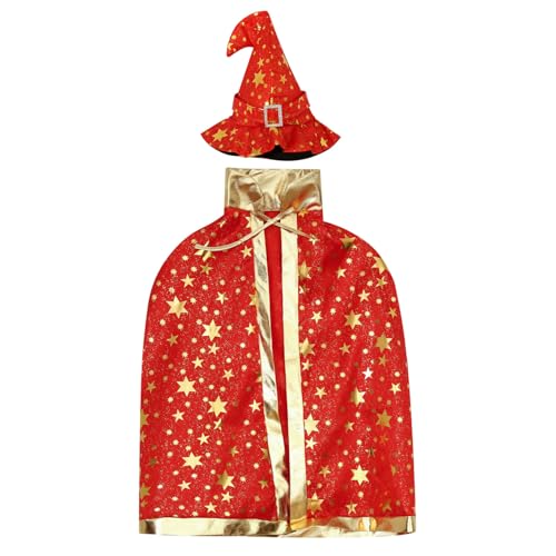 Freebily Kinder Halloween Hexen Kostüm Zauberer Umhang mit Hut Wizard Cape Witch Stern Umhang Zauberhut Karneval Fasching Party Cosplay Rot Einheitsgröße von Freebily